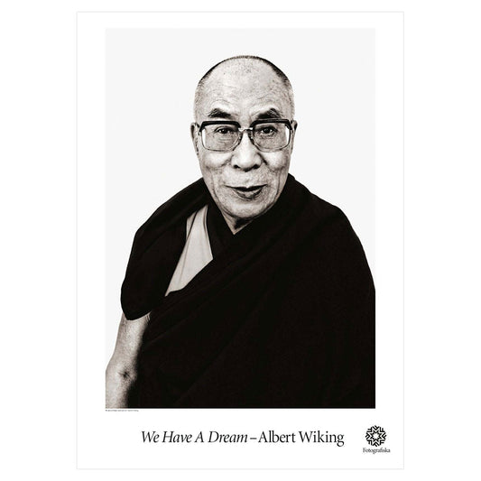 Black and white image of Dalia Lama. Exhibition title below: We Have a Dream | Albert Wiking