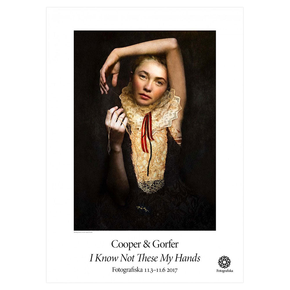 Woman with arms folded over her head. Exhibition title below: Cooper & Gorfer | I Know Not These My Hands