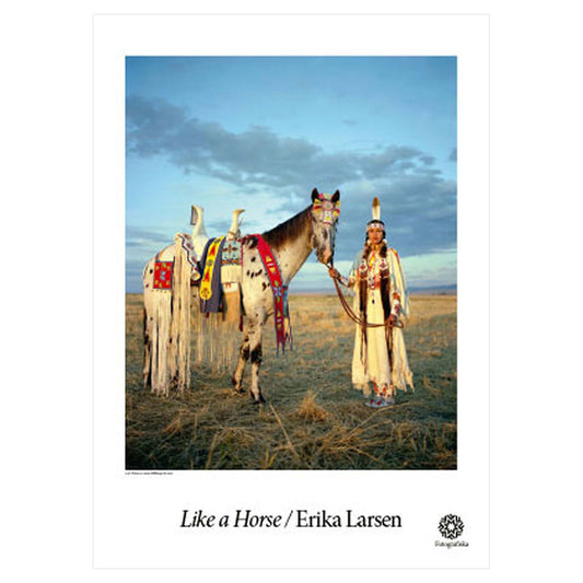 Colorful image of Native American leading a horse. Exhibition title below: Erika Larsen | Like a Horse