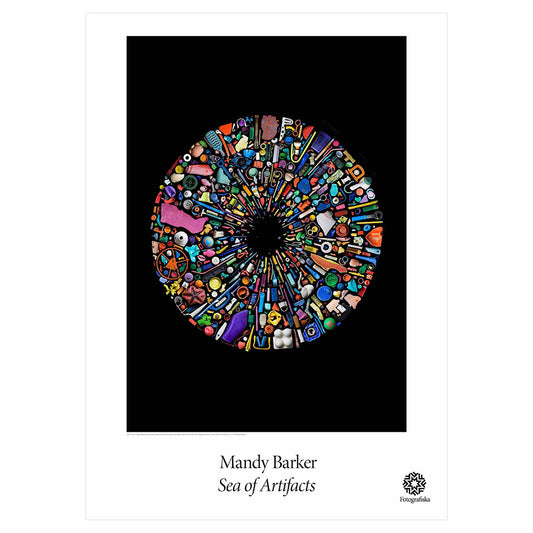 Colorful circle in a black background. Exhibition title below: Mandy Barker | Sea of Artifacts