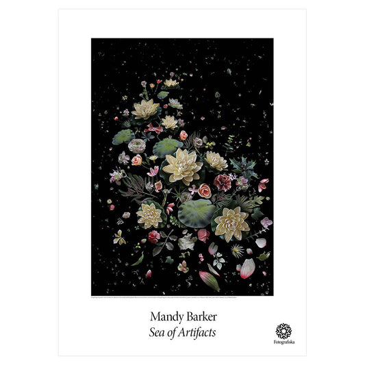 Zoom in of floral set up on black space.  Exhibition title below: Mandy Barker | Sea of Artifacts