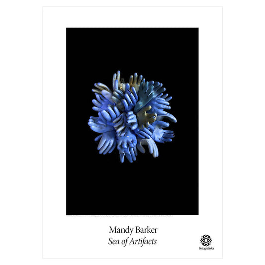Group of blue hands in a flower-like formation. Exhibition title below: Mandy Barker | Sea of Artifacts