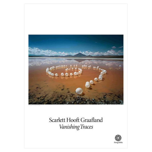 Color portrait of white orbs arranged in a Golden Mean shape on a clay landscape with mountains on the horizon. Exhibition title below: Scarlett Hooft Grassland | Vanishing Traces