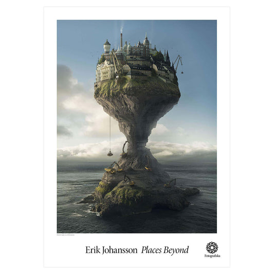 Image showing house on precipice.  Exhibition title below: Erik Johansson | Places Beyond
