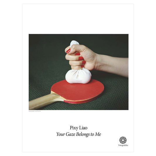 Hand holding sack of ping pong balls above a red paddle. Exhibition title below: Pixy Liao | Your Gaze Belongs to Me