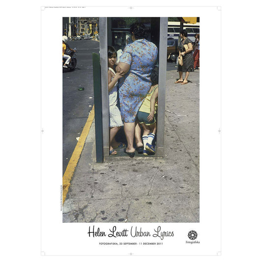 Colorful image of woman and children in narrow space on city sidewalk. Exhibition title below: Helen Levitt | Urban Lyrics