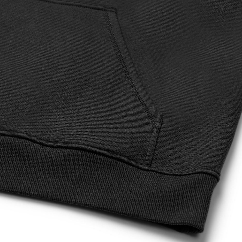 Close up of black hoodie's bottom to show materials.