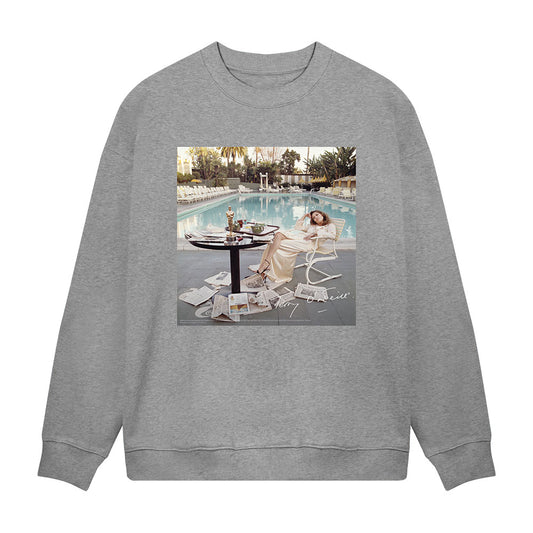 Grey sweatshirt showing print of Terry O'Neill's "Faye Dunaway" on the front
