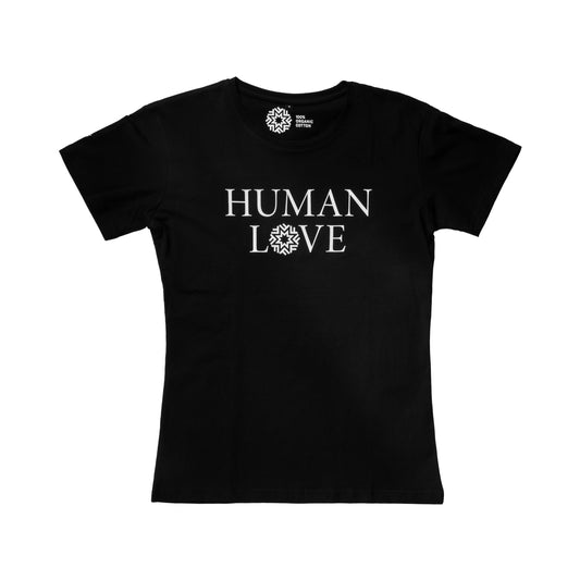 Black t-shirt with "Human Love" written in white