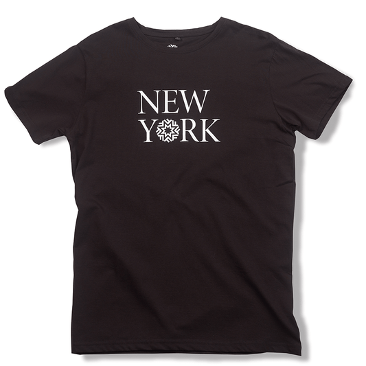Black t-shirt with "New York" written in white.  The O in New York is replaced by the Fotografiska logo.