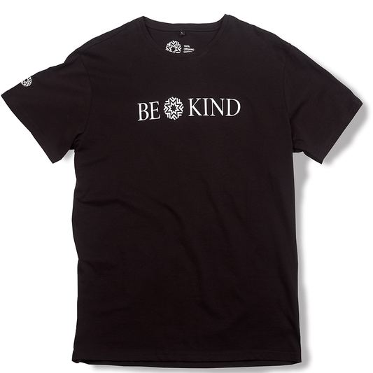 Black t-shirt with "Be Kind" written across the front.  Fotografiska logo on right sleeve in white.