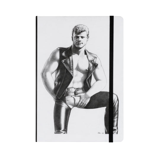 Notebook with band, featuring Untitled (Gavin) on the cover by Tom of Finland.  Man in leather pants and vest.