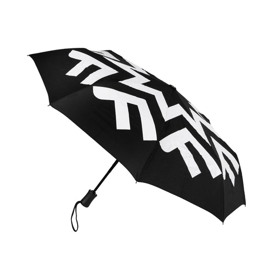 Black umbrella with giant white Fotografiska logo