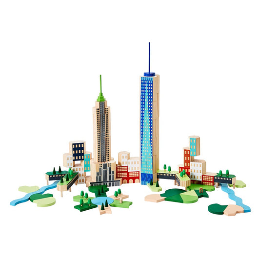 Colorful block set assembled to resemble NYC skyline, including Empire State Building and Chrysler building.