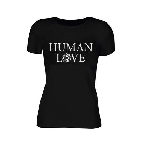 Black t-shirt with "Human Love" written in white.  The O is replaced by the Fotografiska logo.