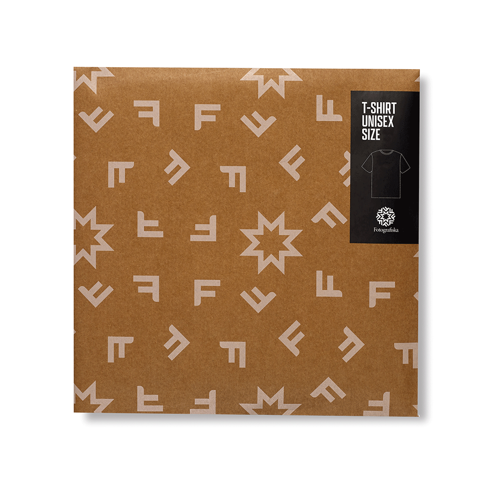 Square brown packaging with white repeating F's.