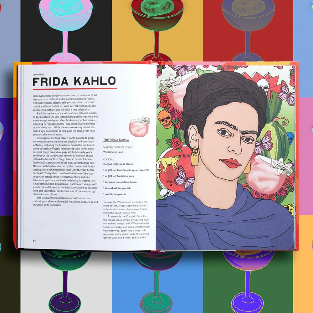 Open book shot of Art Boozel, showing a pop art-style drawing of Frida Kahlo with floral background.  Text to the left for recipe for Frida Kalho cocktail