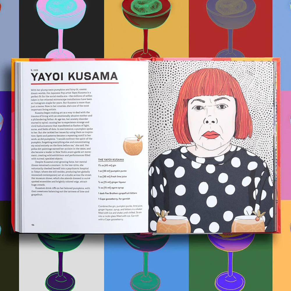Open book shot of Art Boozel, showing a pop art-style drawing of Yayoi Kusama, with polka dot background.  Text to the left for recipe for Yayoi Kusama cocktail