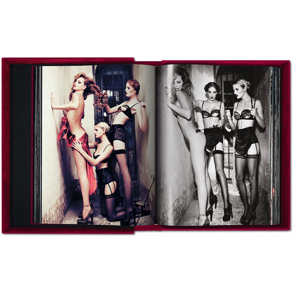 Spread of Story of Olga, featuring black and white photo to the right and color photo to the left, all of fashion models
