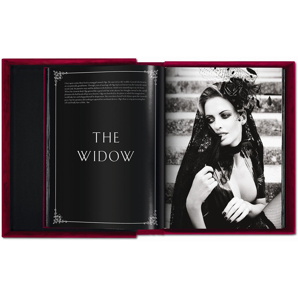 Spread of Ellen von Unwerth: The Story of Olga, showing a black and white photo of a woman to the right and text to the left that says "The Widow"