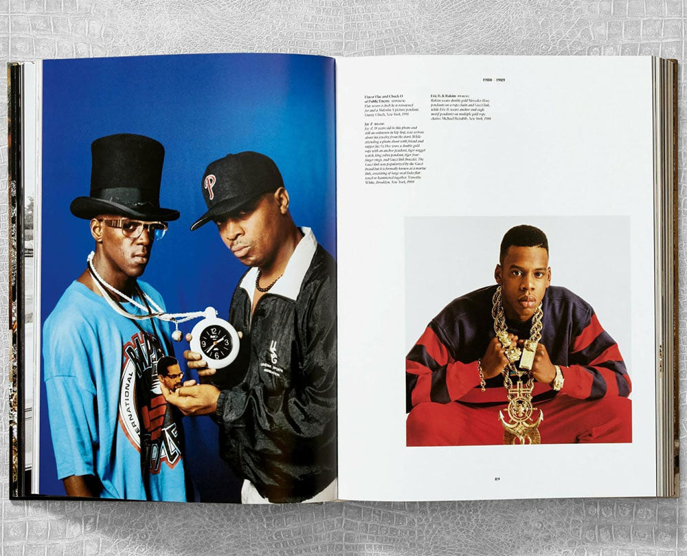 Ice Cold: Hip-Hop Jewelry History spread shot, showing color photos of hip hop artists on the left and the right