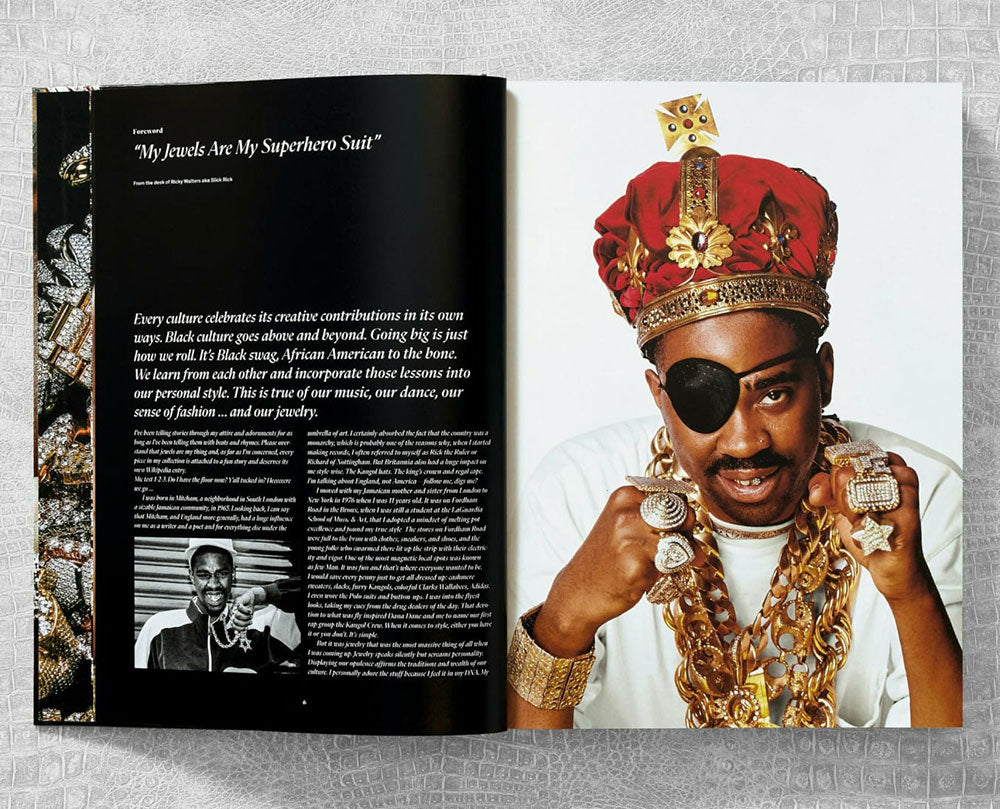 Ice Cold: Hip-Hop Jewelry History spread shot, showing color photo of hip hop artist to the right