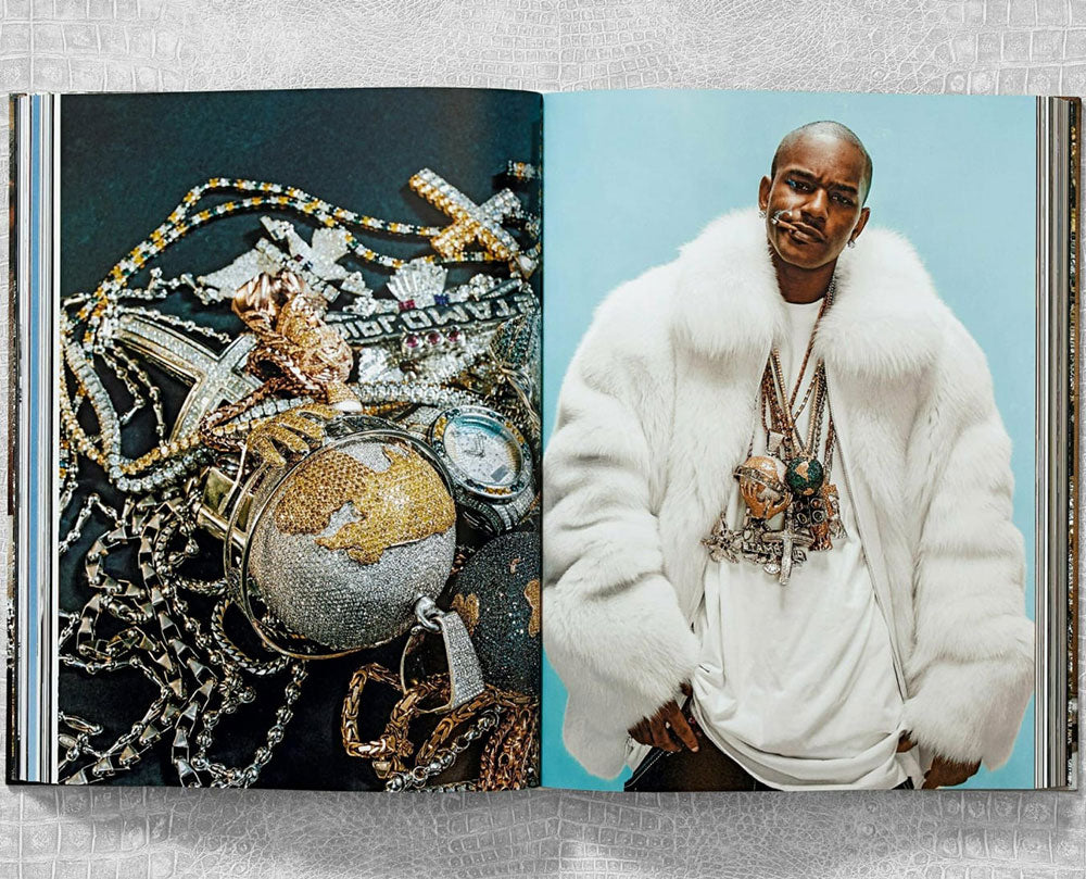 Ice Cold: Hip-Hop Jewelry History spread shot, showing closeup of jewelry to the left and hip hop artist wearing it to the right