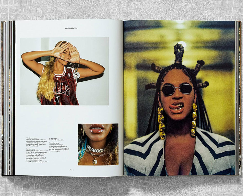 Ice Cold: Hip-Hop Jewelry History spread shot, showing color photos of hip hop artists wearing jewelry