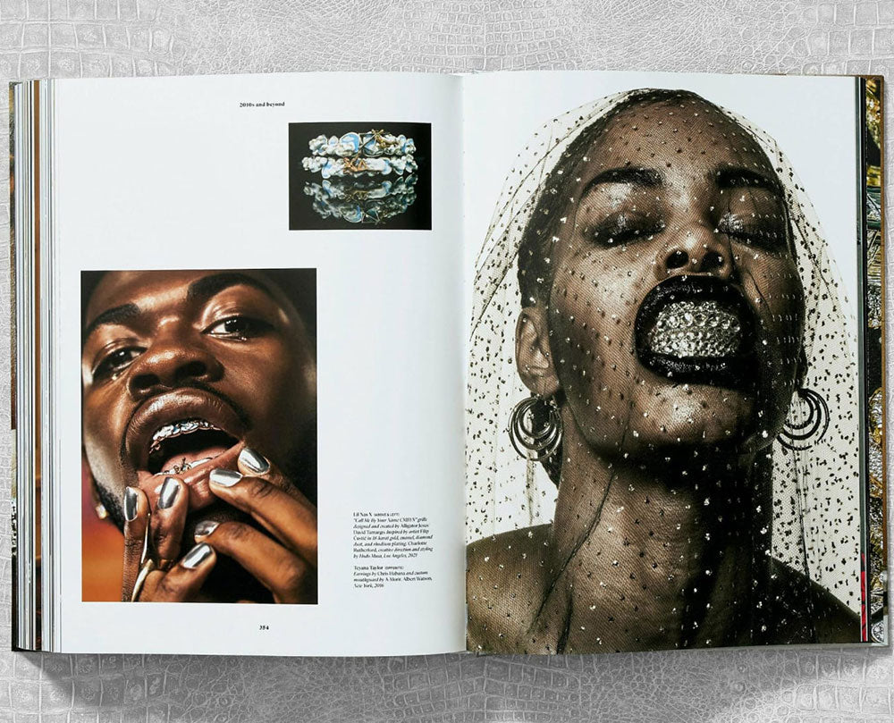 Ice Cold: Hip-Hop Jewelry History spread shot, showing color photos of hip hop artists to the left and the right