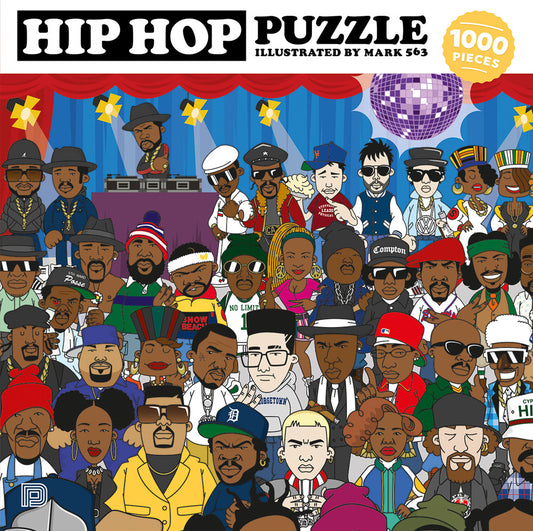 Hip Hop Puzzle cover featuring cartoon images of rappers at a DJ set