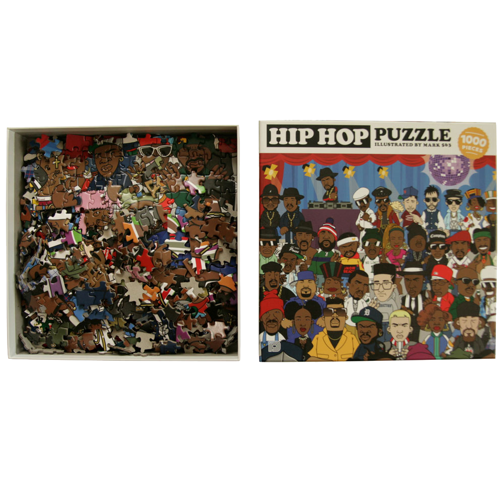 Hip Hop Puzzle set, open and revealing a fun multicolor piece assortment, to resemble a cartoonish scene of a hip hop dance party.