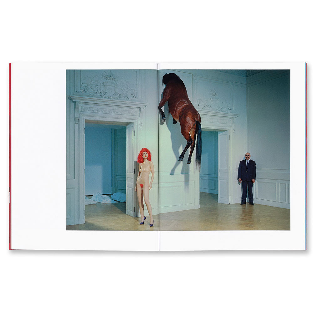 Miles Aldridge: after cattelan, open to a full-width color photo of two people and a horse in a white room with 2 doors