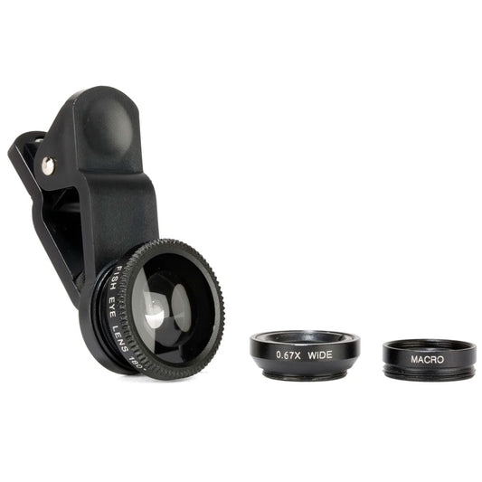 Clip on lens kit for taking pictures on a smart phone: includes 3 lens types