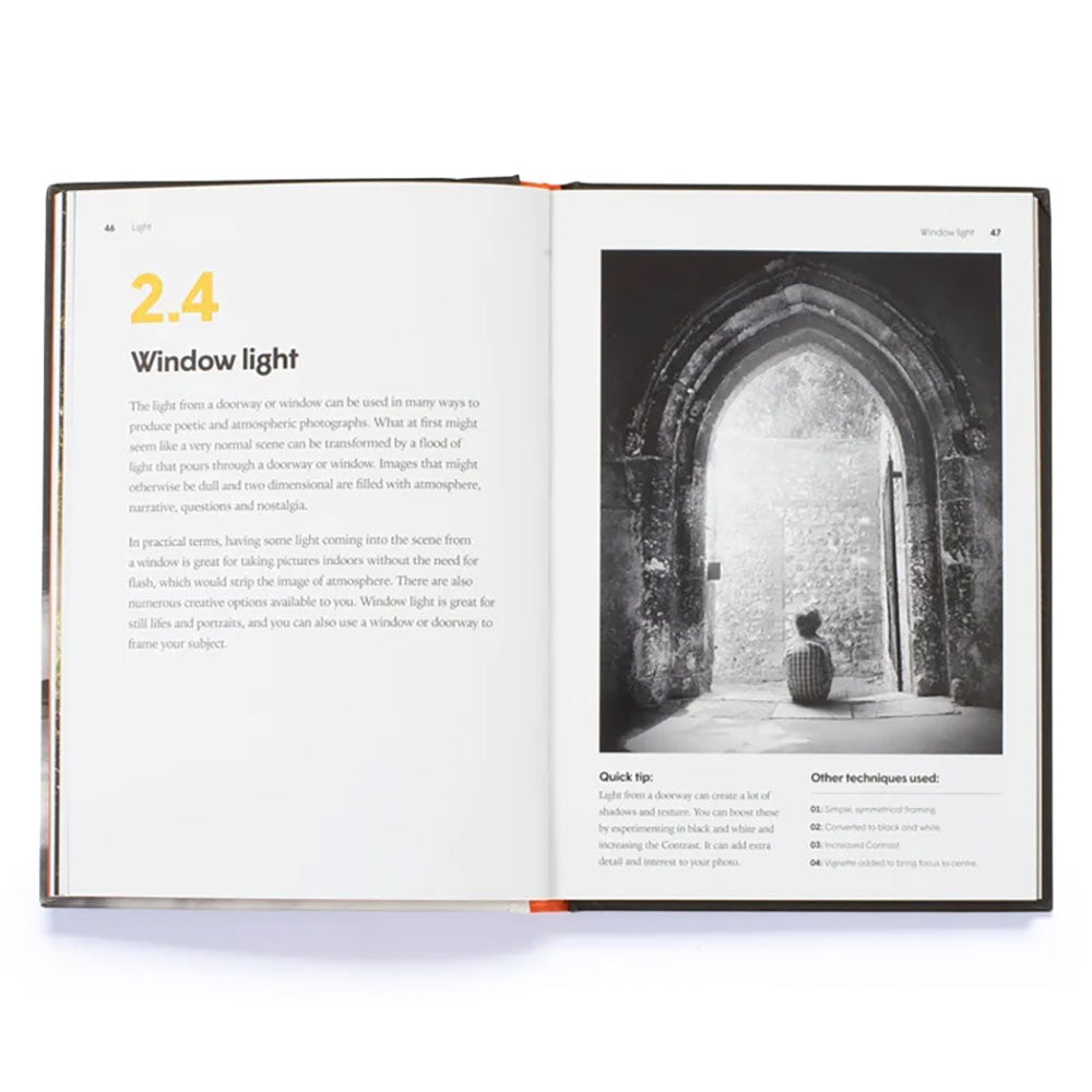 Spread of the Pocket Photographer. The text to the left  indicates it's a instructional chapter on window light and the the right is a photo of someone in a window