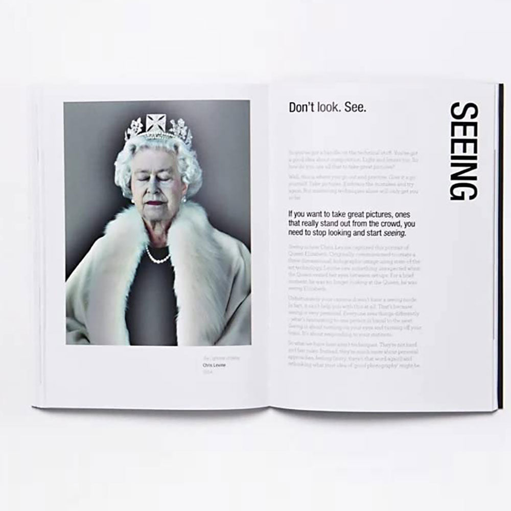 Spread shot of Read This if You Want to take great photographs, featuring color portrait of the Queen to the left and text to the right