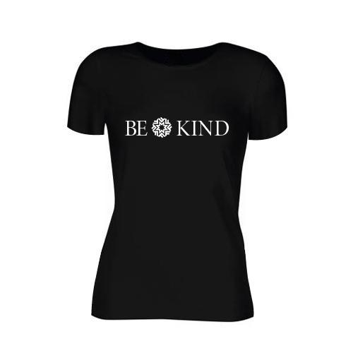 Black t-shirt with "Be Kind" written in front in white.