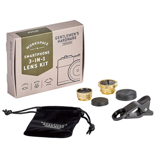 Smartphone lens kit by Gentlemen's hardware.  Includes fish-eye, wide angle, and macro lenses, plus a smartphone clip.