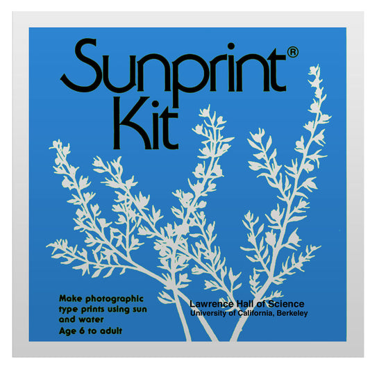 Grey packaging of the Sunprint kit, showing an example print