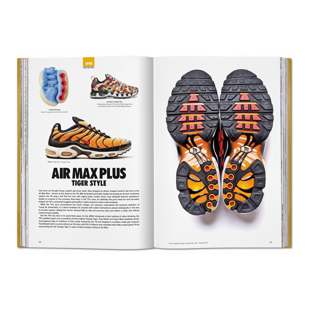 Open shot of book, showing different images of sneakers and descriptive text.