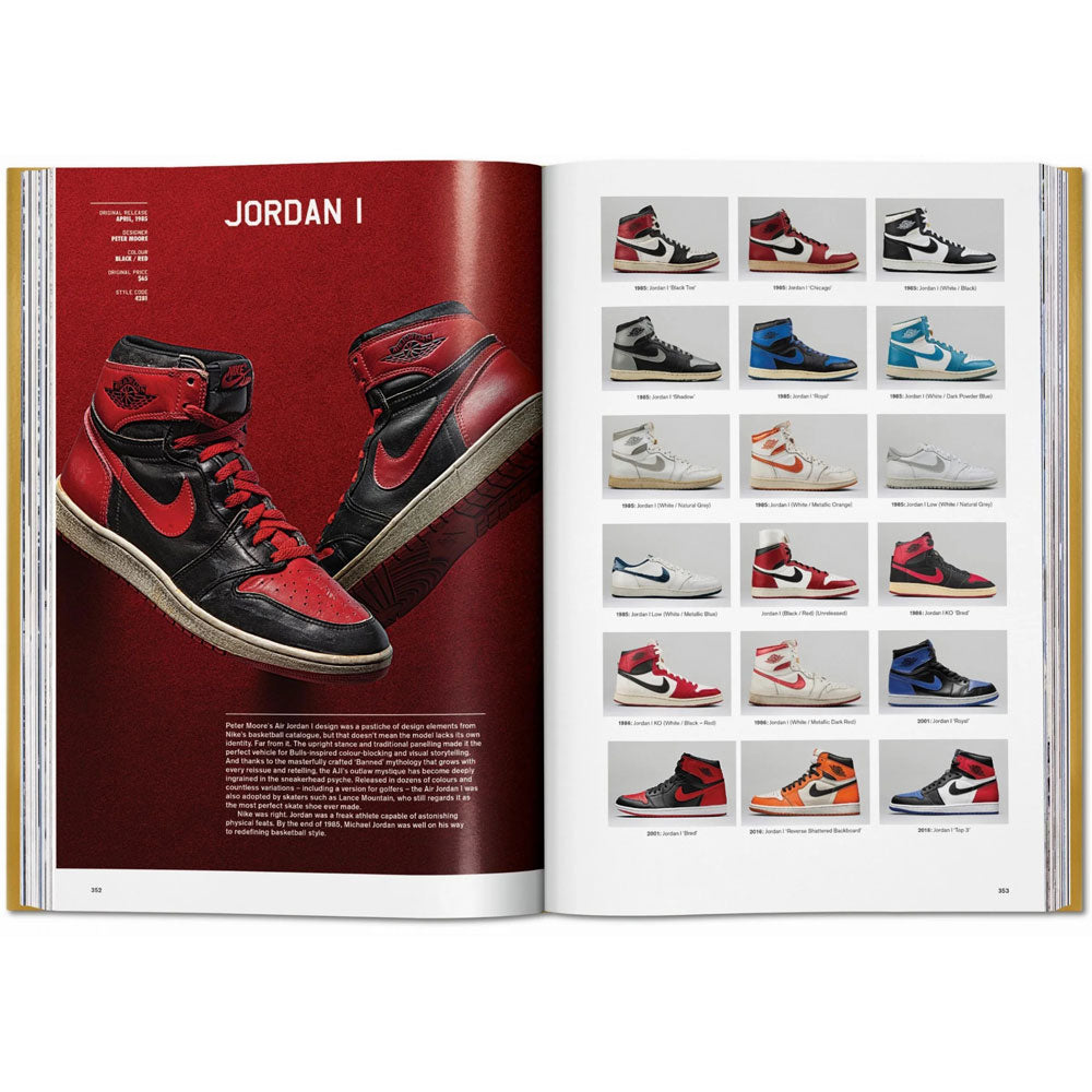 Open book shot, showing full-page color photo of sneakers to the left, and a 3x6 gridded photos of sneakers to the right
