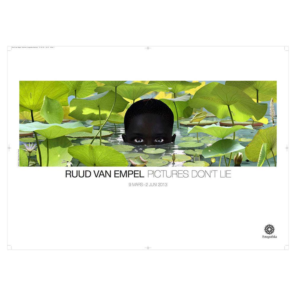 Colorful landscape of head rising from mossy lake. Exhibition title below: Ruud van Empel | Pictures Don't Lie