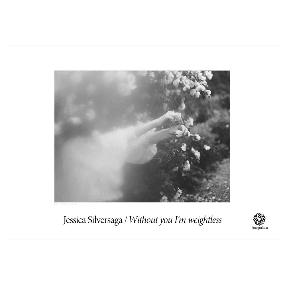 Blurry image of a flower in black and white and exhibition title: Jessica Silversaga: Without you I'm weightless