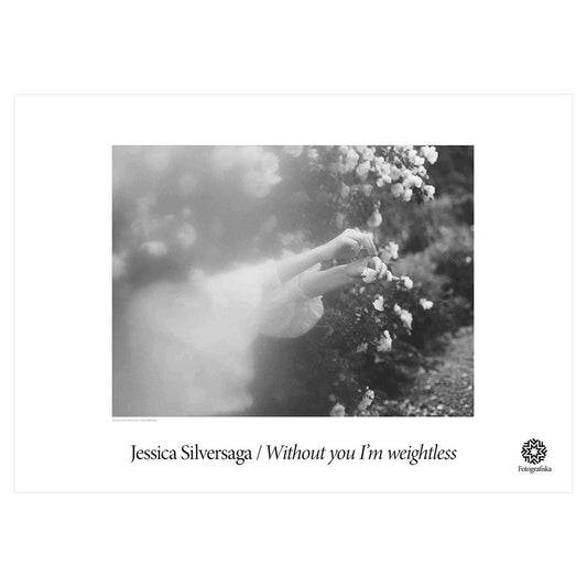 Blurry image of a flower in black and white and exhibition title: Jessica Silversaga: Without you I'm weightless