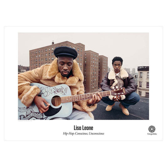 Colorful portrait of Wyclef Jean with a guitar next to Lauryn Hill.  Both on a roof. Exhibition title below: Lisa Leone | Hip-Hop: Conscious Unconscious