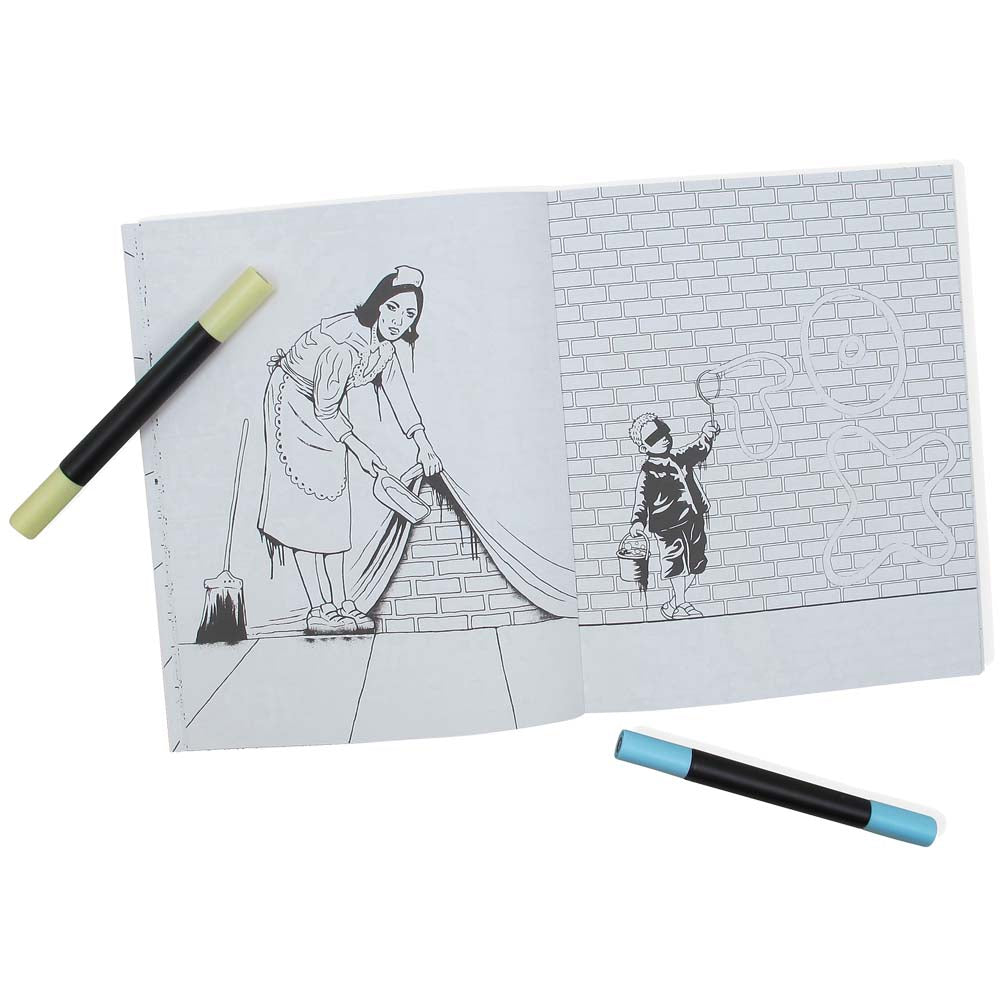 Open banksy coloring book with two markers