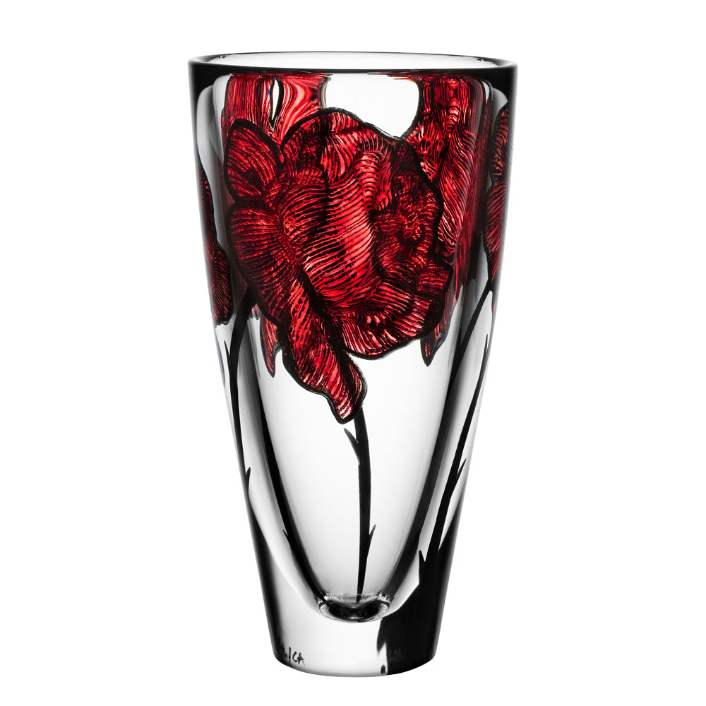 Glass vase with handpainted flowers in bold red.  A great design item.