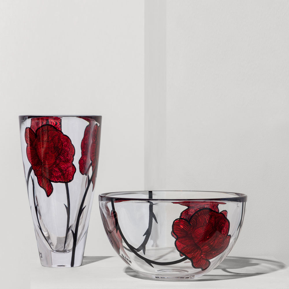 Glass bowl and glass vase with handpainted flowers in bold red.  A great design item.