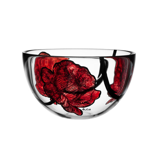 Glass bowl with handpainted flowers in bold red.  A great design item.