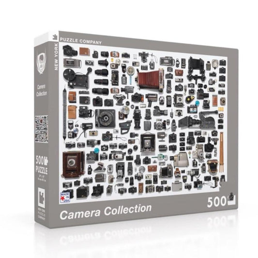 500 piece puzzle of a wide variety of camera styles and camera types.