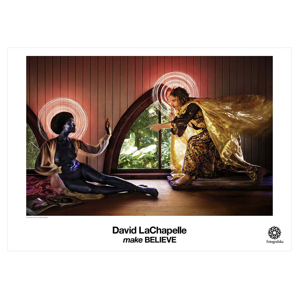 Person and angel in red-lit room and exhibition title: David LaChapelle - Make Believe